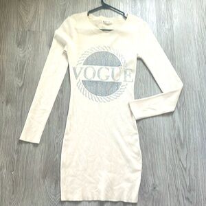 Knitted Crepe Beige Summer Dress Size S/M Long Sleeve Bejewlled